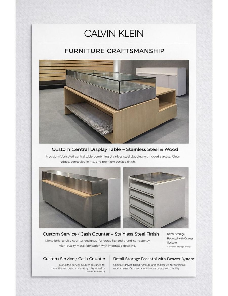 Calvin Klein custom display table and counter built by Avinya Furnitures