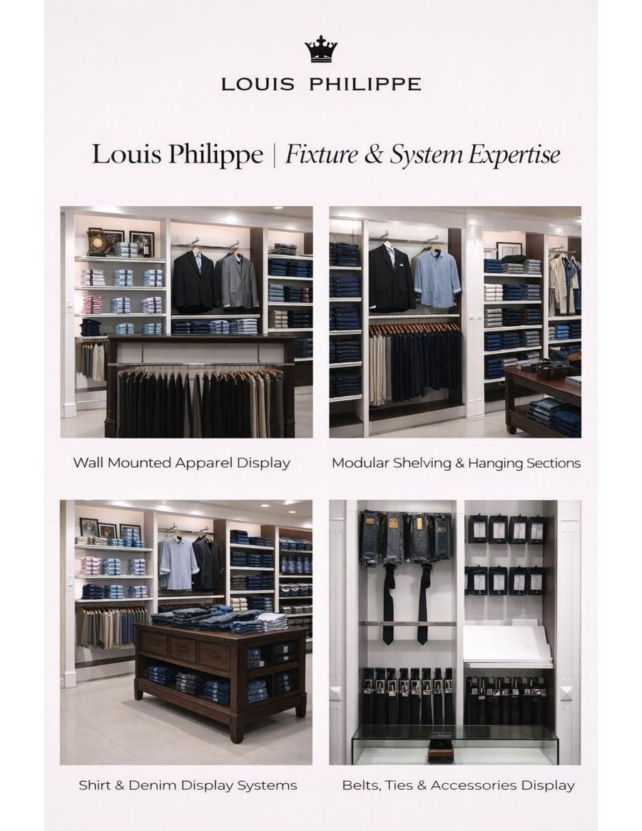 Louis Philippe apparel display fixtures and modular shelving by Avinya Furnitures
